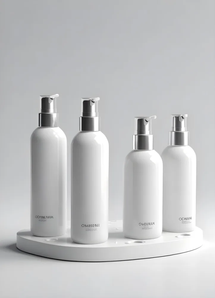 3d Model White Cosmetic Bottles With Silver Caps And Droppers Arranged On A White Platform Soft White Background Minimalist Design Clean Presentation Product Showcase Figure Octane Render Volumetric Highly Detai 31 F927