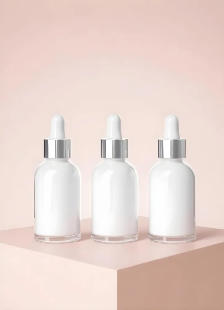 3d Model White Cosmetic Bottles With Silver Caps And Droppers Arranged On A White Platform Soft White Background Minimalist Design Clean Presentation Product Showcase Figure Octane Render Volumetric Highly Detai 8 C4d0