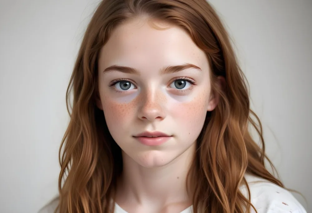 A 15 Year Old White Girl With Freckles And Light Brown Hair Looking At The Camera In A White Background 28 14c2