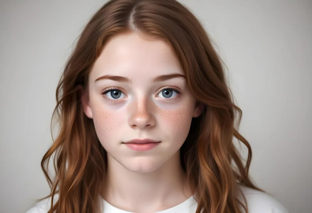 A 15 Year Old White Girl With Freckles And Light Brown Hair Looking At The Camera In A White Background 40 7337