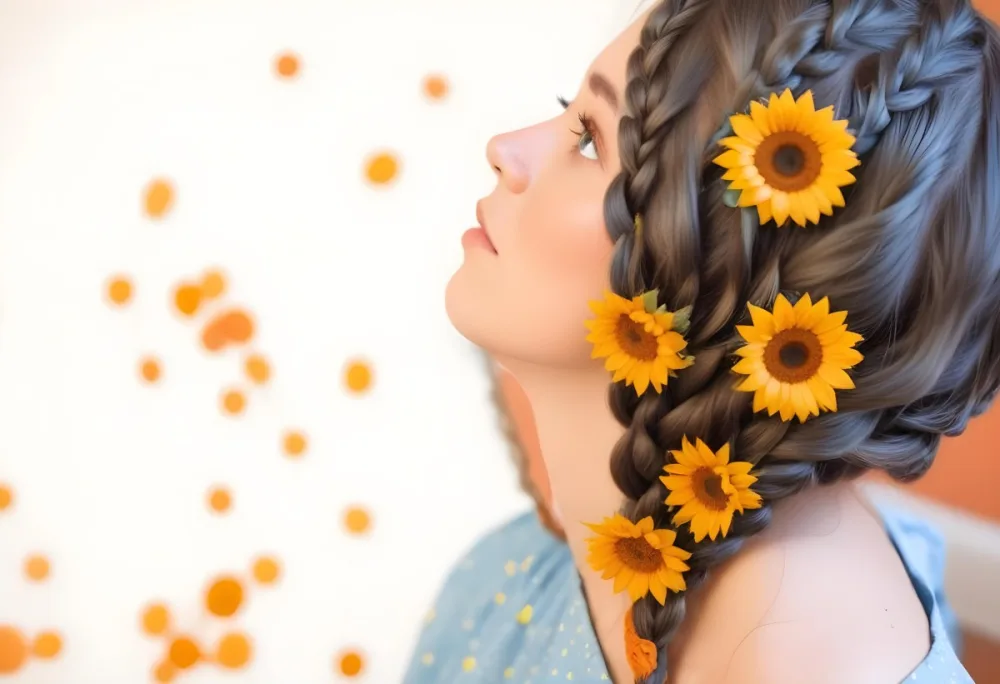A 20 Year Old White Woman With A Braided Hair Decorated With Sunflowers Wearing A Blue Dress In A Orange Background With Orange Spots 11 E10e