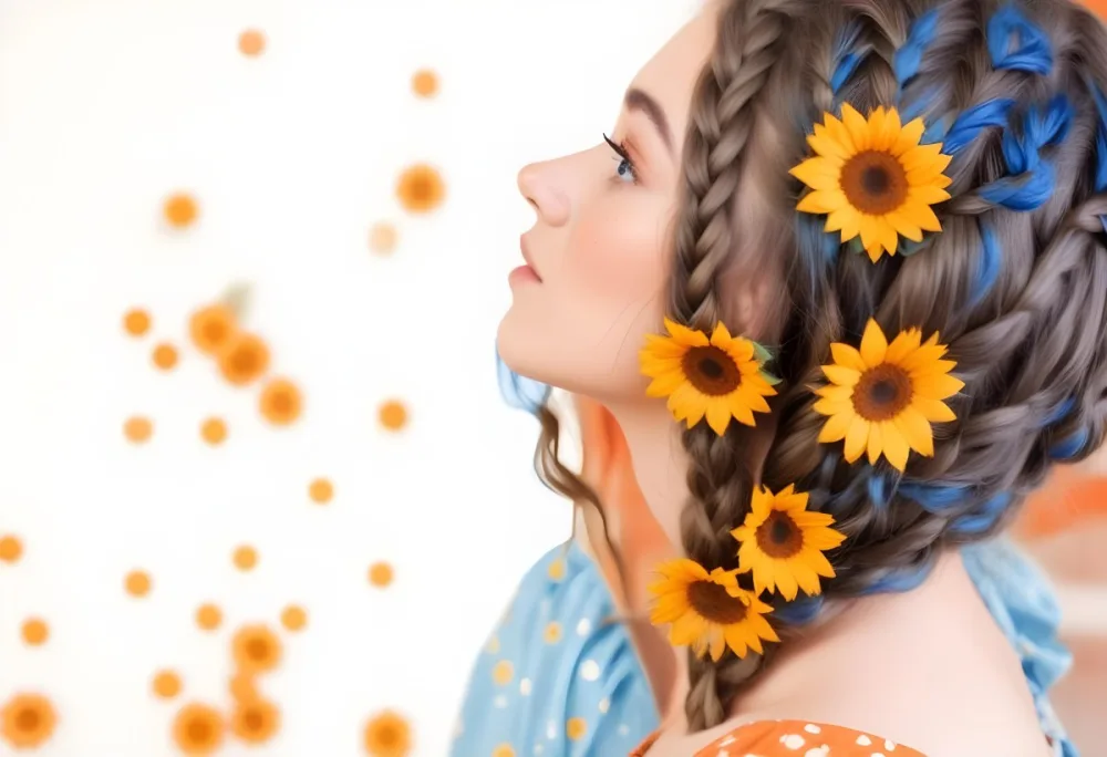A 20 Year Old White Woman With A Braided Hair Decorated With Sunflowers Wearing A Blue Dress In A Orange Background With Orange Spots 13 36db
