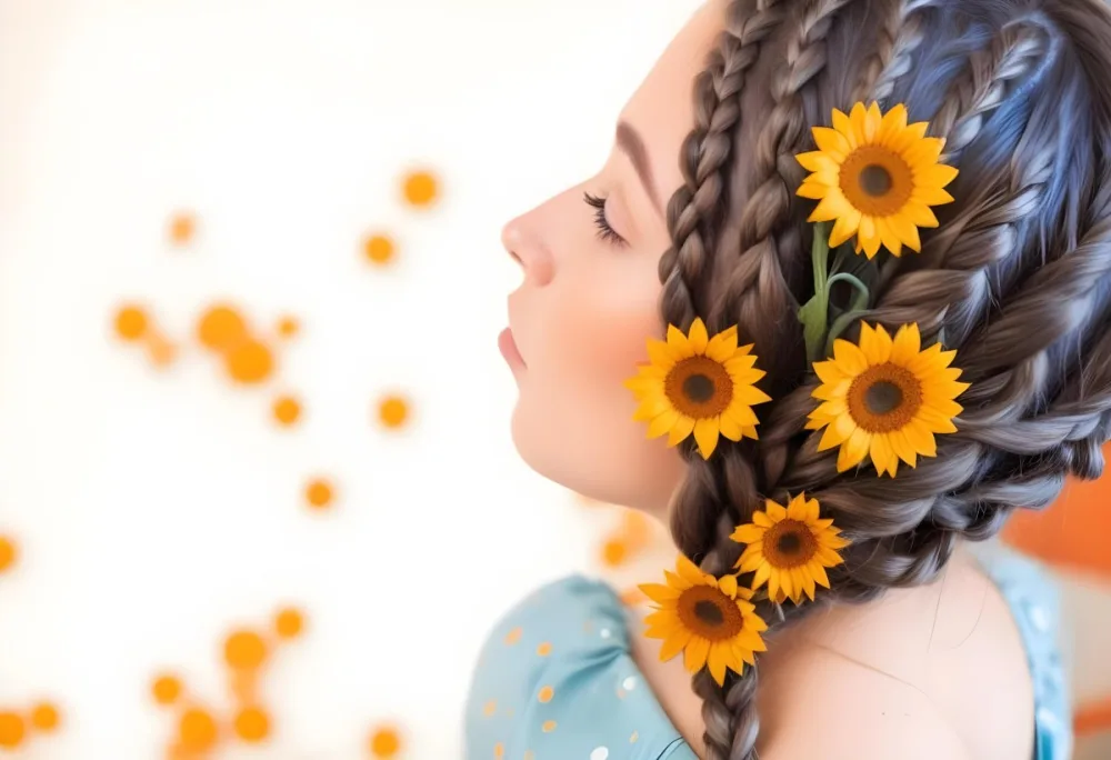 A 20 Year Old White Woman With A Braided Hair Decorated With Sunflowers Wearing A Blue Dress In A Orange Background With Orange Spots 17 B770