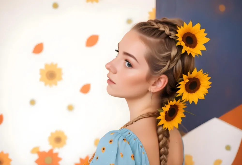 A 20 Year Old White Woman With A Braided Hair Decorated With Sunflowers Wearing A Blue Dress In A Orange Background With Orange Spots 2 E844
