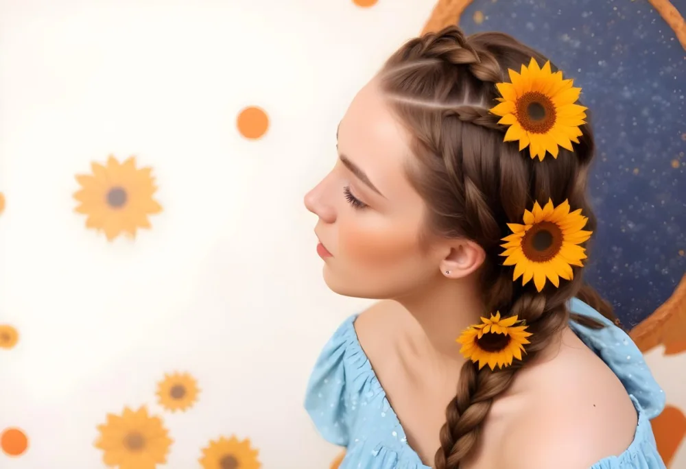 A 20 Year Old White Woman With A Braided Hair Decorated With Sunflowers Wearing A Blue Dress In A Orange Background With Orange Spots 20 93ec