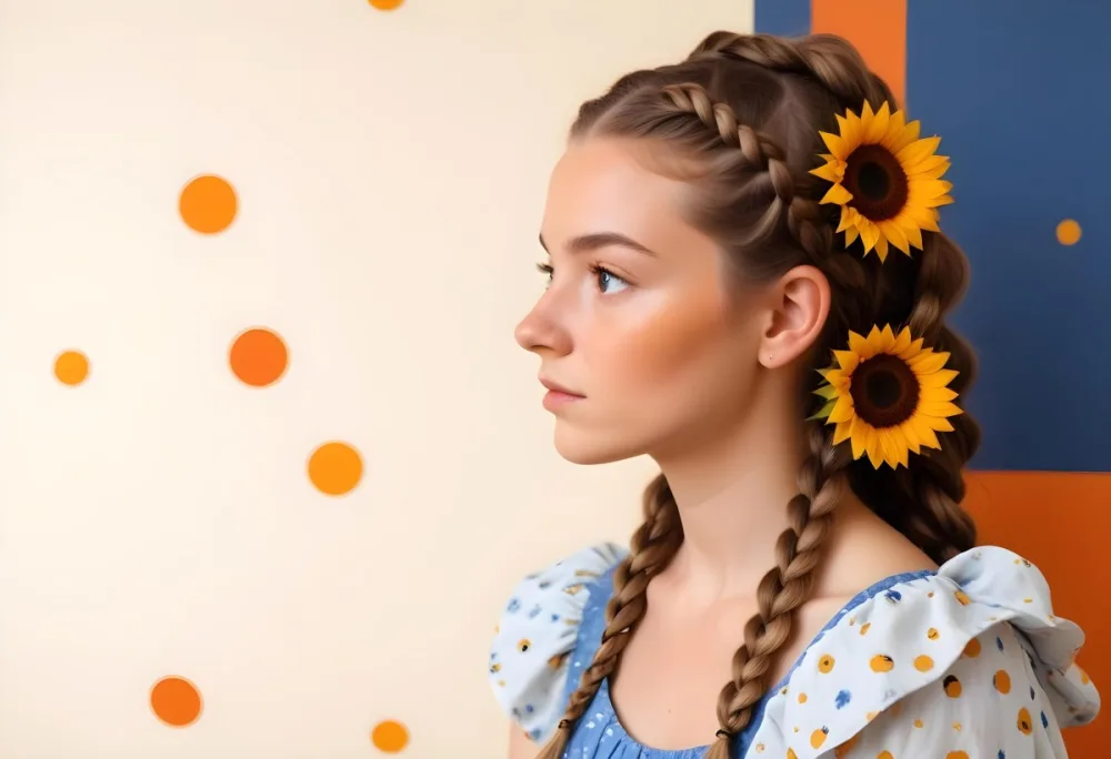 A 20 Year Old White Woman With A Braided Hair Decorated With Sunflowers Wearing A Blue Dress In A Orange Background With Orange Spots 36 4afb