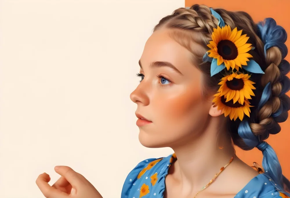 A 20 Year Old White Woman With A Braided Hair Decorated With Sunflowers Wearing A Blue Dress In A Orange Background With Orange Spots 4 4e9f