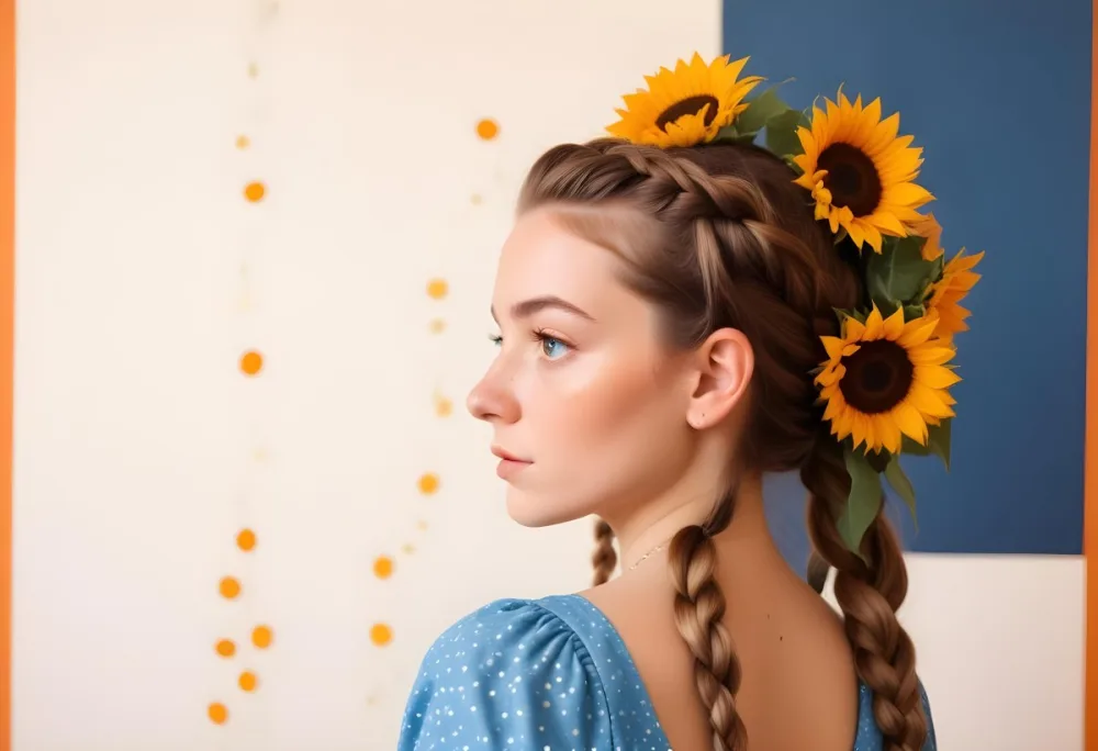 A 20 Year Old White Woman With A Braided Hair Decorated With Sunflowers Wearing A Blue Dress In A Orange Background With Orange Spots 42 9db8