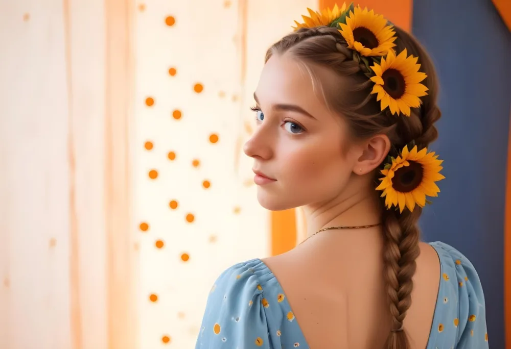 A 20 Year Old White Woman With A Braided Hair Decorated With Sunflowers Wearing A Blue Dress In A Orange Background With Orange Spots 54 352b