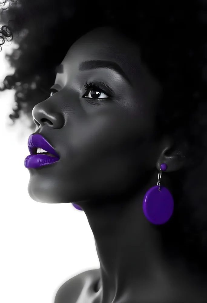 A 22 Year Old Black Woman With Afro Hair And Purple Lipstick And Earrings In A Black Background 13 D5da