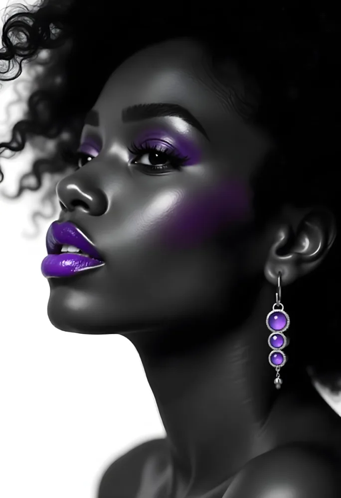 A 22 Year Old Black Woman With Afro Hair And Purple Lipstick And Earrings In A Black Background 19 218f