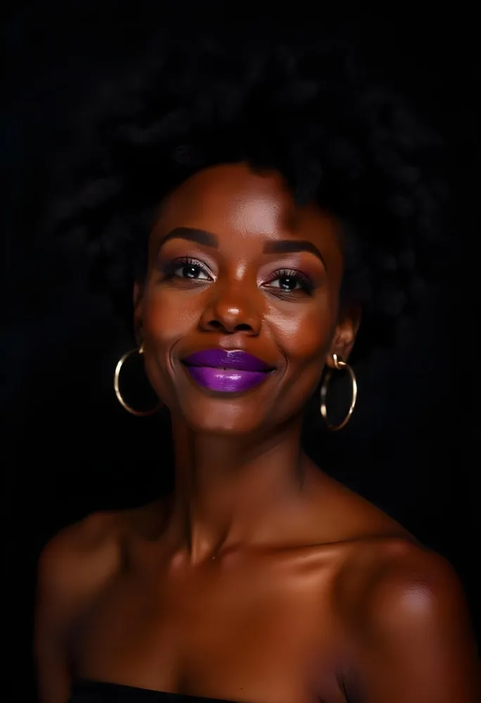 A 22 Year Old Black Woman With Afro Hair And Purple Lipstick And Earrings In A Black Background 23 2f16