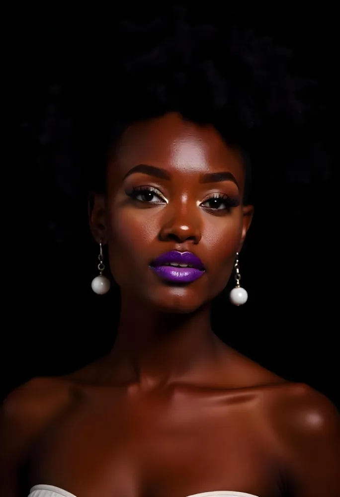 A 22 Year Old Black Woman With Afro Hair And Purple Lipstick And Earrings In A Black Background 30 97ee
