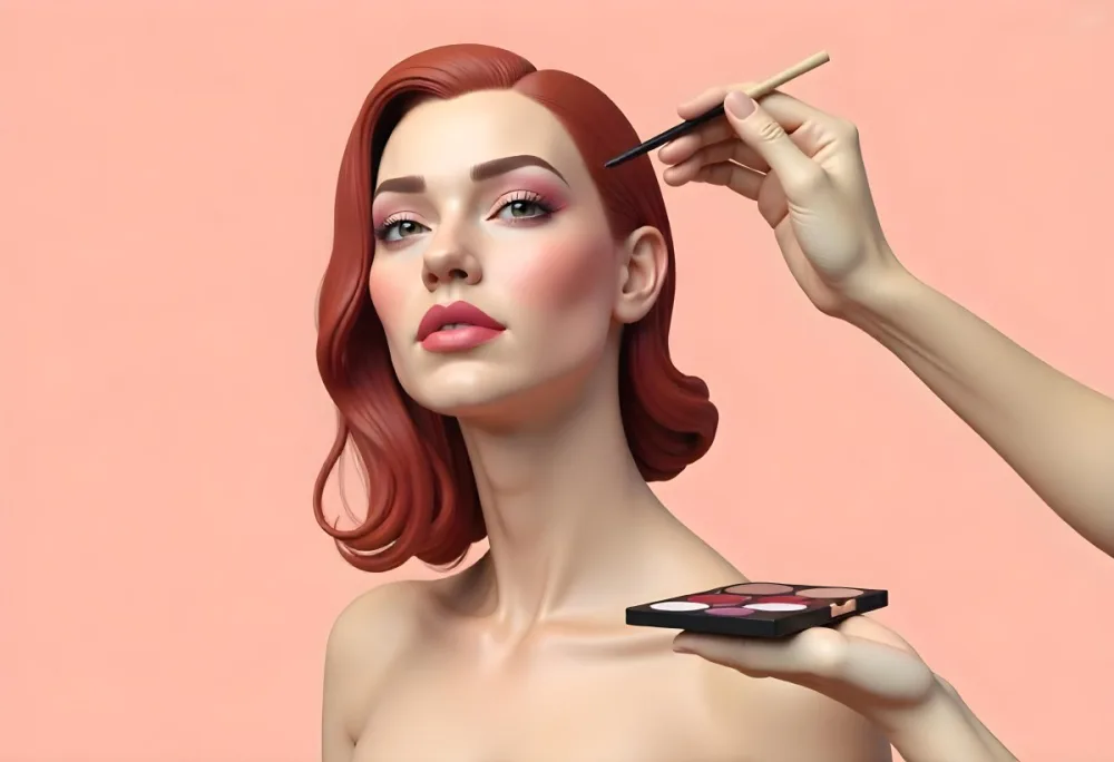 A 22 Year Old Caucasian Woman With Pink Lips And Red Hair Being Makeuped Makeup Palette In The Foreground Red Background 14 2336