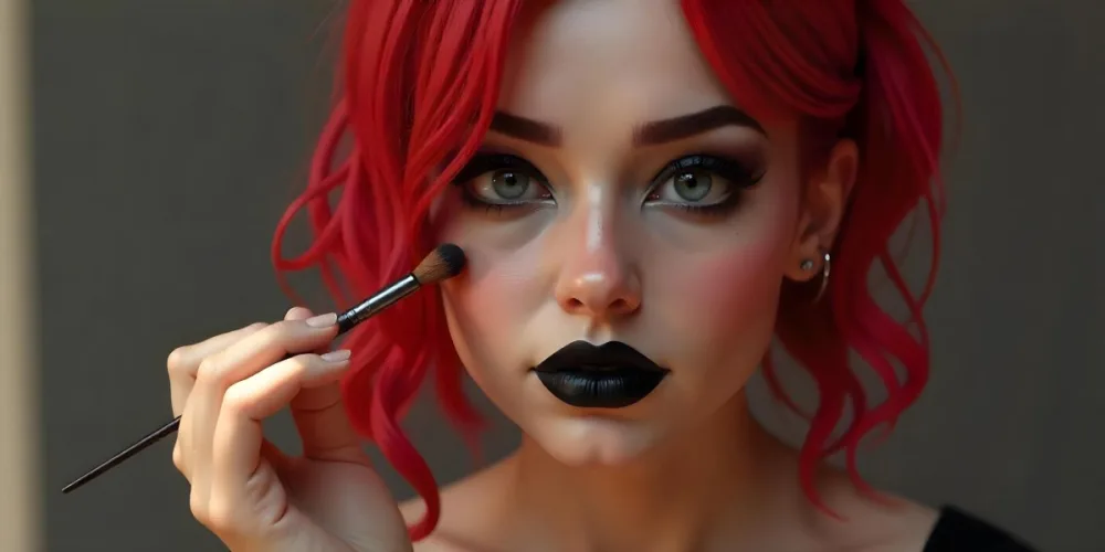 A 22 Year Old Hispanic Woman With Black Lips And Red Hair Applying Eyeshadow With A Brush In A Studio 3 0f82