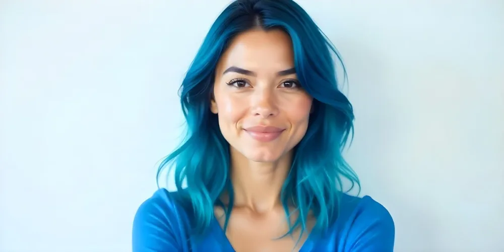 A 22 Year Old Hispanic Woman With Blue Hair And White Skin Wearing A Blue Top In A White Background 6 Dc15
