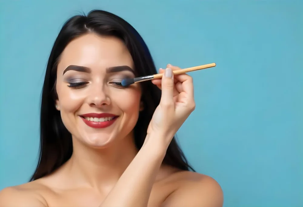 A 22 Year Old Hispanic Woman With Blue Hair Applying Makeup With A Brush Black Lipstick Closed Eyes In A Black Background 11 Bf85