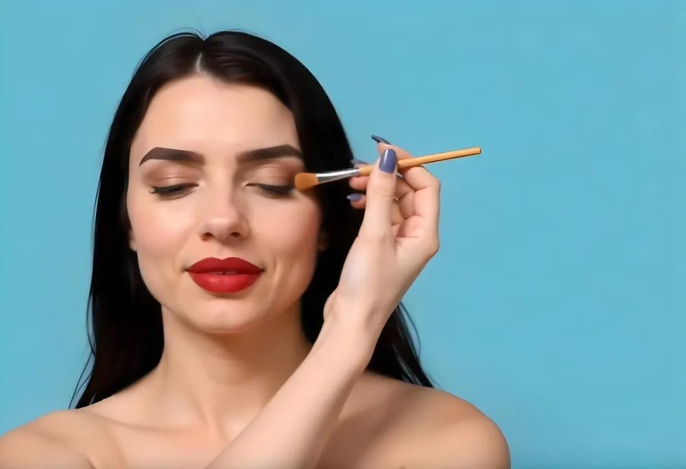 A 22 Year Old Hispanic Woman With Blue Hair Applying Makeup With A Brush Black Lipstick Closed Eyes In A Black Background 12 Ddab