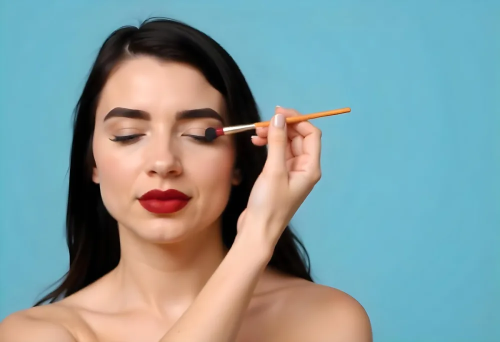 A 22 Year Old Hispanic Woman With Blue Hair Applying Makeup With A Brush Black Lipstick Closed Eyes In A Black Background 20 Ae1e