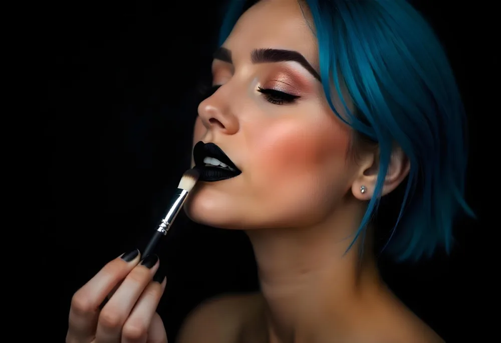 A 22 Year Old Hispanic Woman With Blue Hair Applying Makeup With A Brush Black Lipstick Closed Eyes In A Black Background 3 A14f