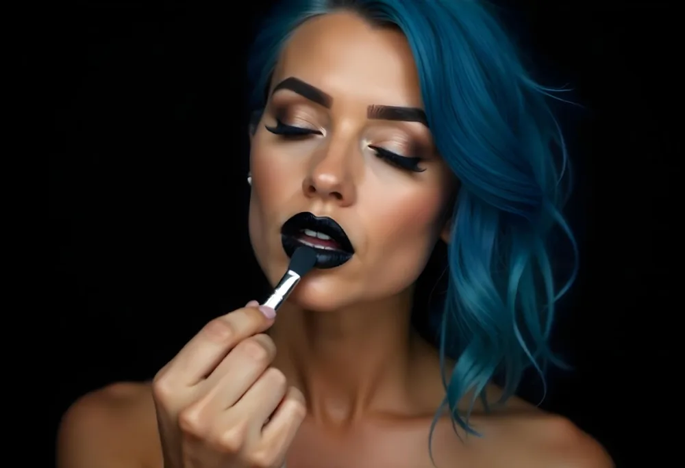 A 22 Year Old Hispanic Woman With Blue Hair Applying Makeup With A Brush Black Lipstick Closed Eyes In A Black Background 6 Ed76