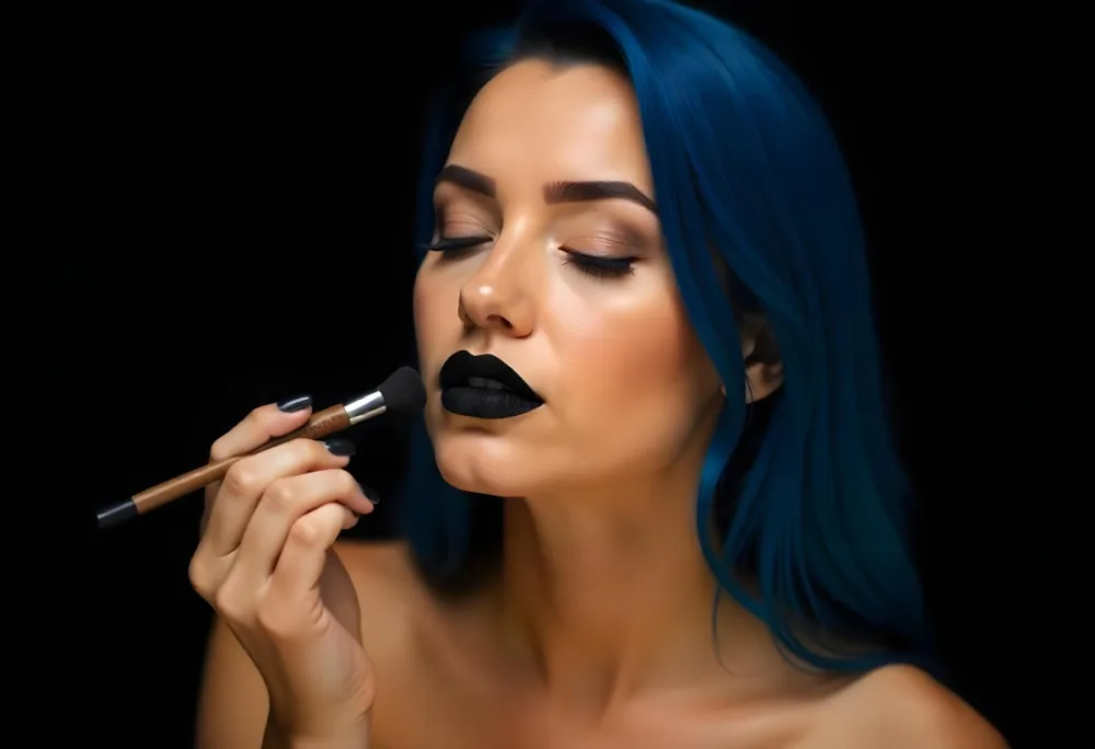 A 22 Year Old Hispanic Woman With Blue Hair Applying Makeup With A Brush Black Lipstick Closed Eyes In A Black Background 7 C062