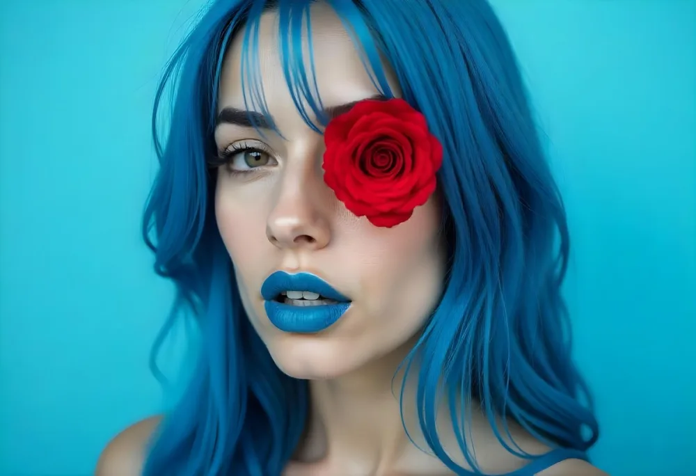 A 22 Year Old Hispanic Woman With Long Blue Hair Applying Blue Lipstick With A Red Rose Covering Her Eye In A Light Blue Background 1 B9d6