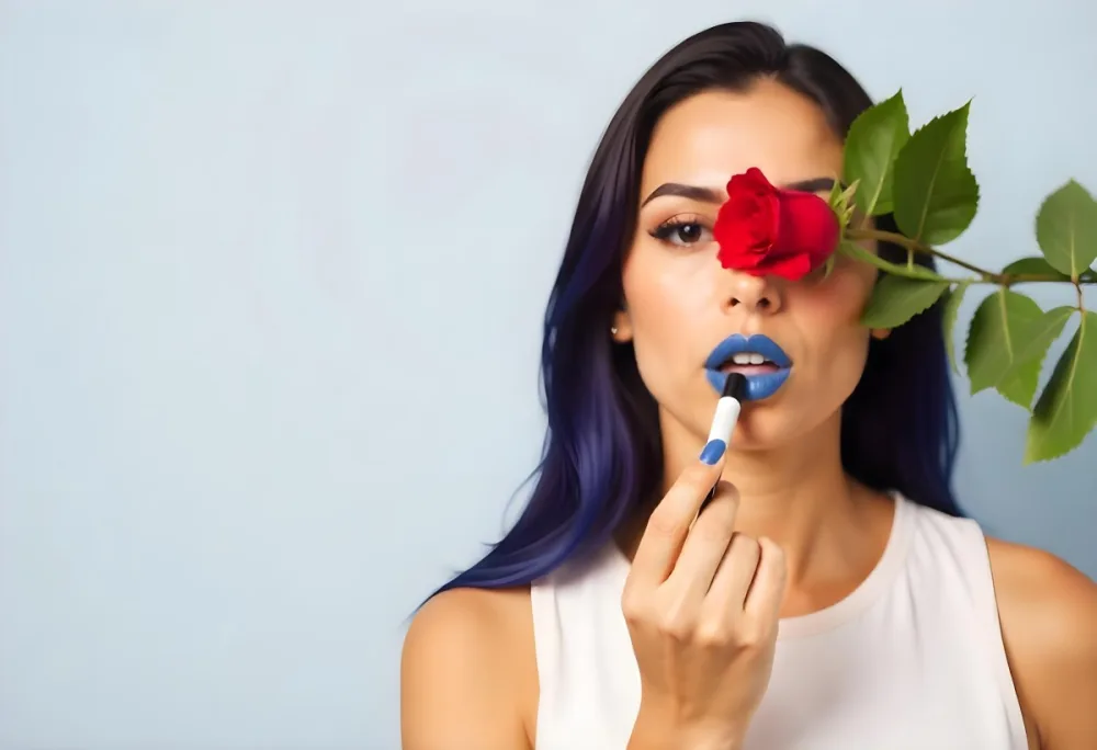 A 22 Year Old Hispanic Woman With Long Blue Hair Applying Blue Lipstick With A Red Rose Covering Her Eye In A Light Blue Background 10 D15e