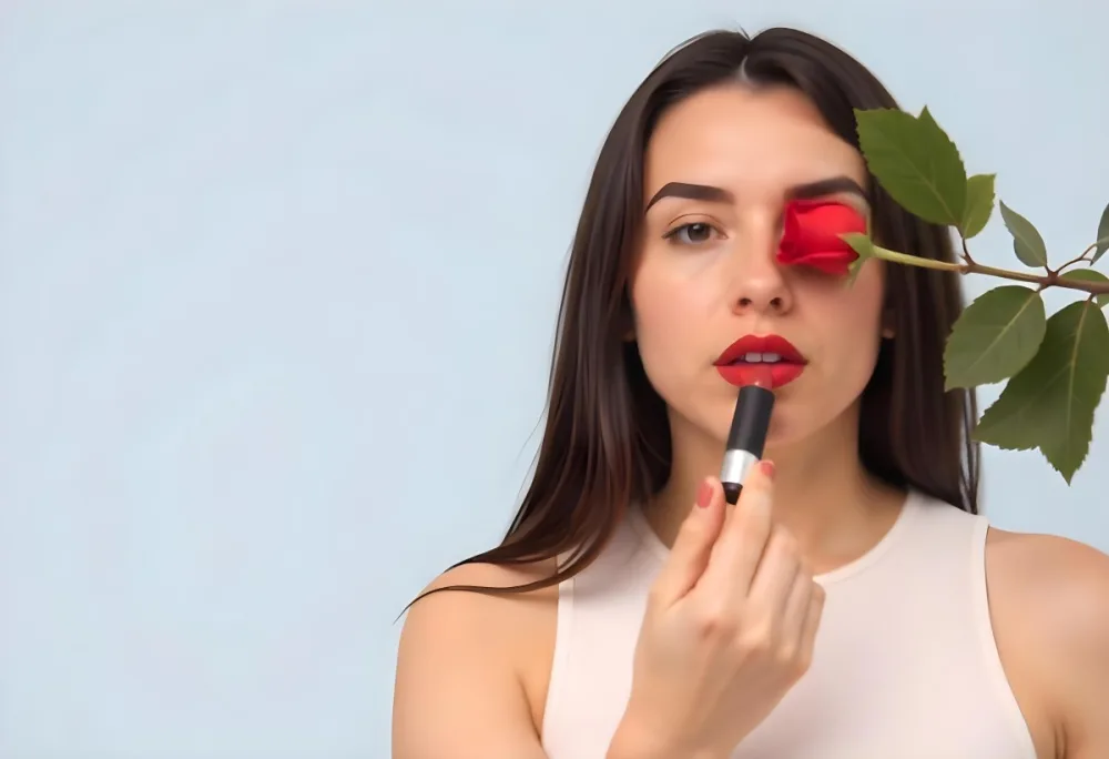 A 22 Year Old Hispanic Woman With Long Blue Hair Applying Blue Lipstick With A Red Rose Covering Her Eye In A Light Blue Background 11 32c3
