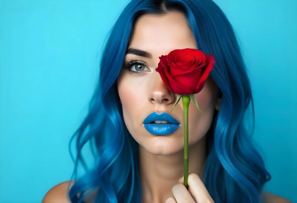 A 22 Year Old Hispanic Woman With Long Blue Hair Applying Blue Lipstick With A Red Rose Covering Her Eye In A Light Blue Background 3 604c