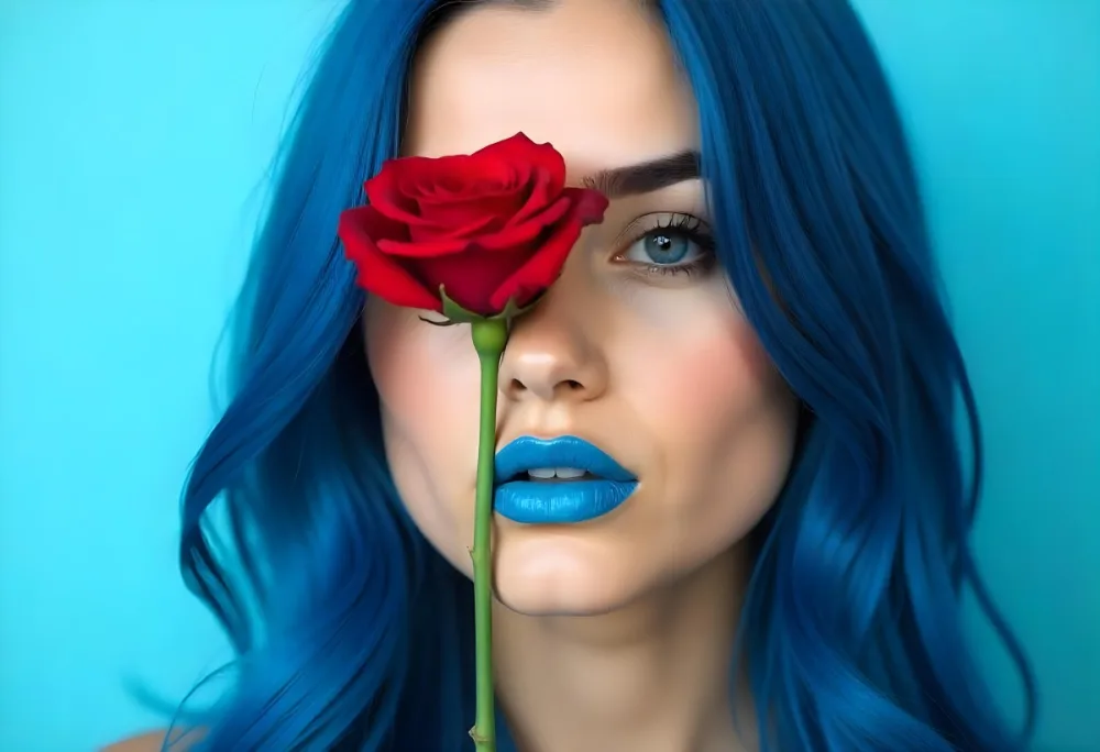 A 22 Year Old Hispanic Woman With Long Blue Hair Applying Blue Lipstick With A Red Rose Covering Her Eye In A Light Blue Background 6 Cbf8