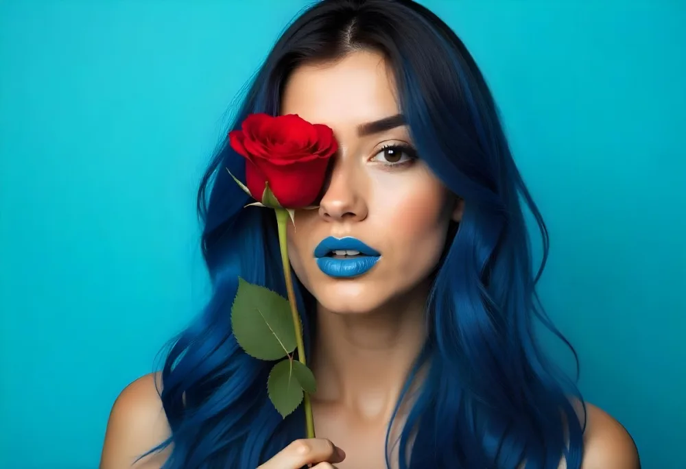A 22 Year Old Hispanic Woman With Long Blue Hair Applying Blue Lipstick With A Red Rose Covering Her Eye In A Light Blue Background 7 6be6