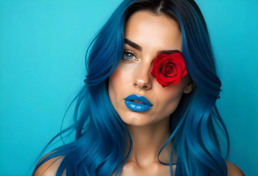 A 22 Year Old Hispanic Woman With Long Blue Hair Applying Blue Lipstick With A Red Rose Covering Her Eye In A Light Blue Background 7 Ddc1
