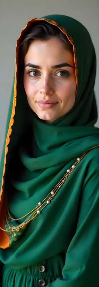 A 22 Year Old Middle Eastern Woman With Brown Hair Wearing A Green Hijab With Orange Edges Neutral Background 25 6bd6