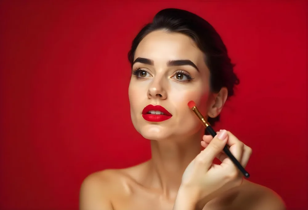 A 22 Year Old Middle Eastern Woman With Red Lips Is Getting Her Makeup Done With A Brush Plain Red Background 10 F62f