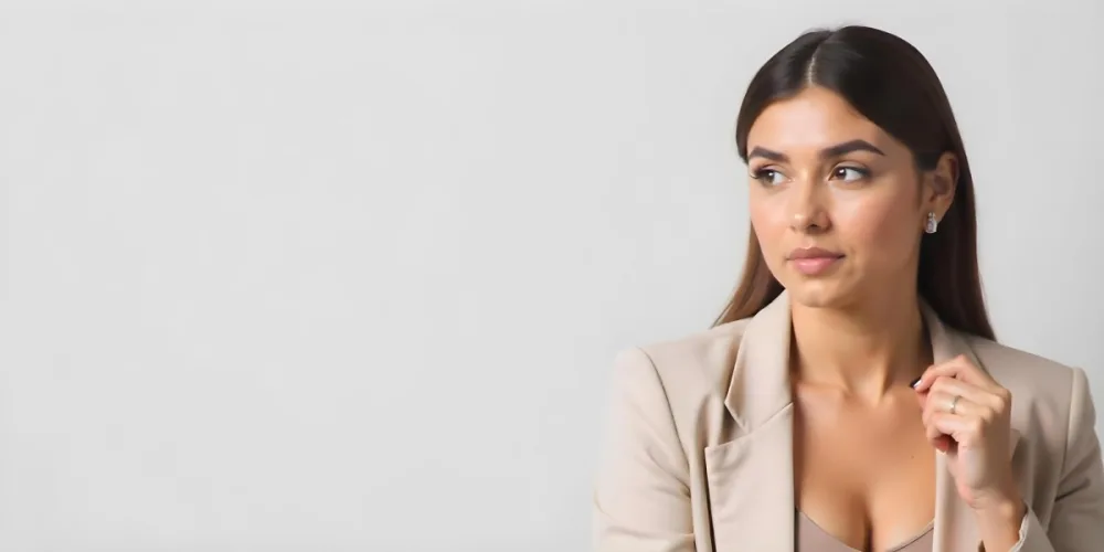 A 23 Year Old Hispanic Woman With Brown Hair And A Beige Suit Looking To The Right In A Studio 18 Fa5e