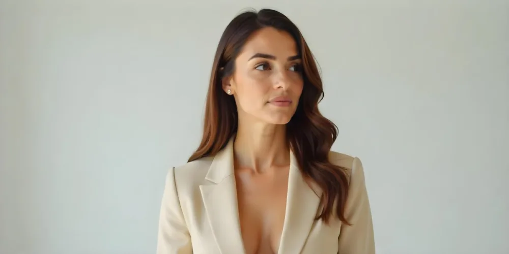 A 23 Year Old Hispanic Woman With Brown Hair And A Beige Suit Looking To The Right In A Studio 5 7e46