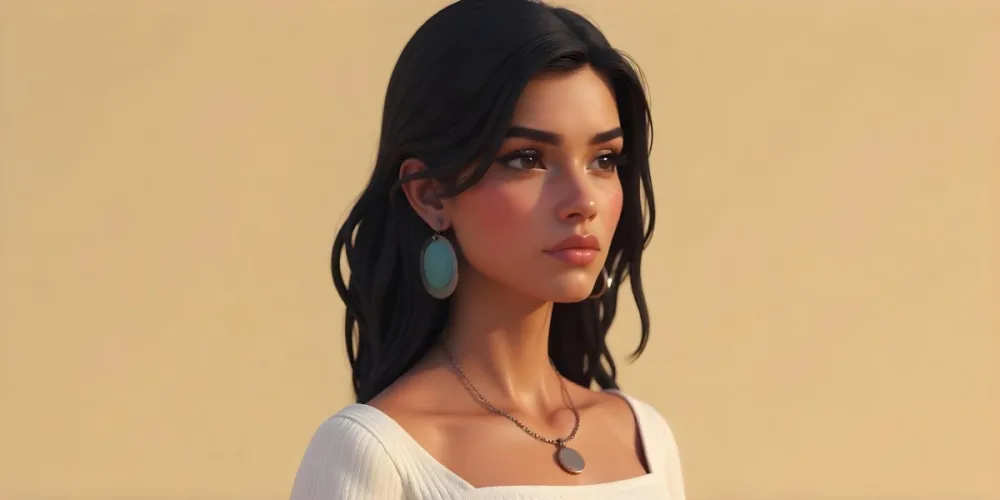 A 23 Year Old Hispanic Woman With Dark Skin Dark Hair Wearing A White Top And Jewelry Looking To The Right In A Beige Background 1 33e3