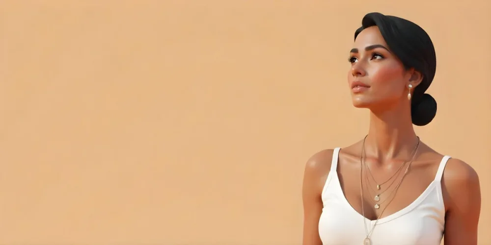 A 23 Year Old Hispanic Woman With Dark Skin Dark Hair Wearing A White Top And Jewelry Looking To The Right In A Beige Background 16 7ce0