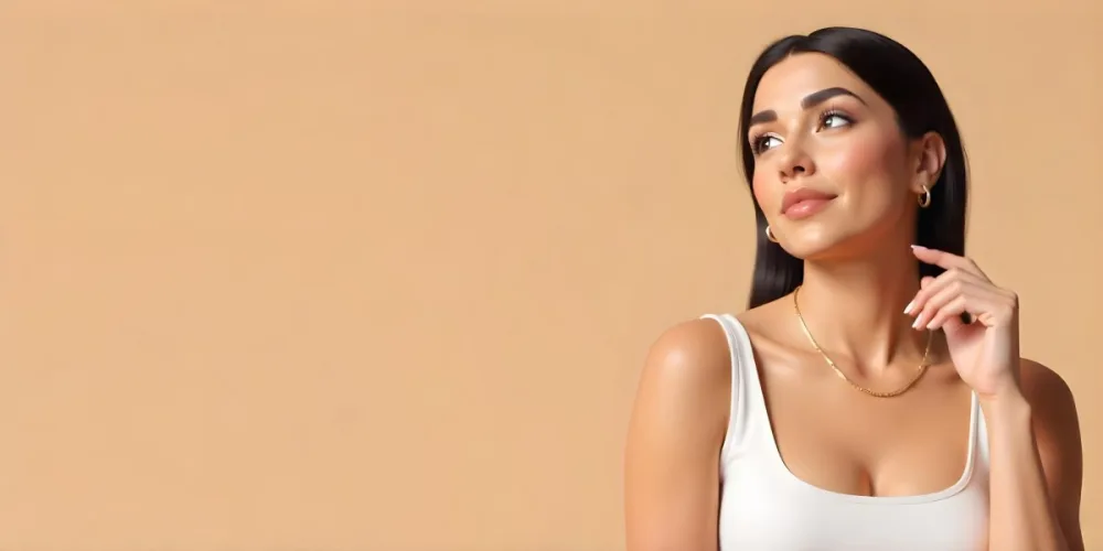 A 23 Year Old Hispanic Woman With Dark Skin Dark Hair Wearing A White Top And Jewelry Looking To The Right In A Beige Background 19 C1d9