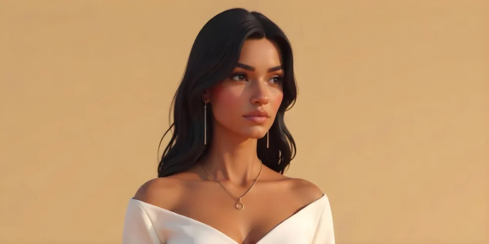A 23 Year Old Hispanic Woman With Dark Skin Dark Hair Wearing A White Top And Jewelry Looking To The Right In A Beige Background 2 7161