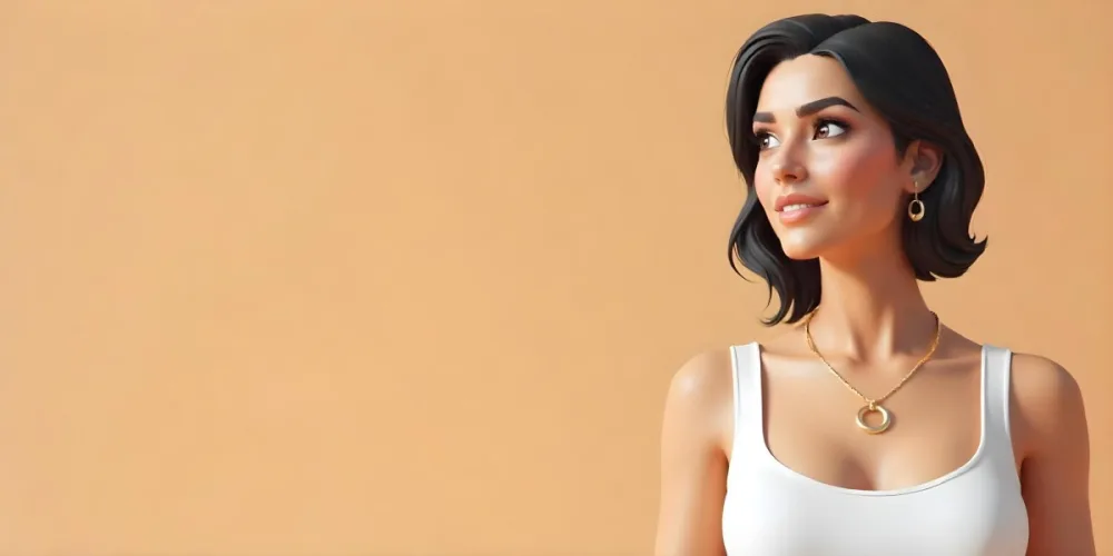 A 23 Year Old Hispanic Woman With Dark Skin Dark Hair Wearing A White Top And Jewelry Looking To The Right In A Beige Background 21 F638