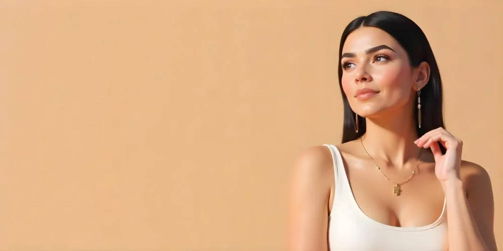 A 23 Year Old Hispanic Woman With Dark Skin Dark Hair Wearing A White Top And Jewelry Looking To The Right In A Beige Background 24 0931