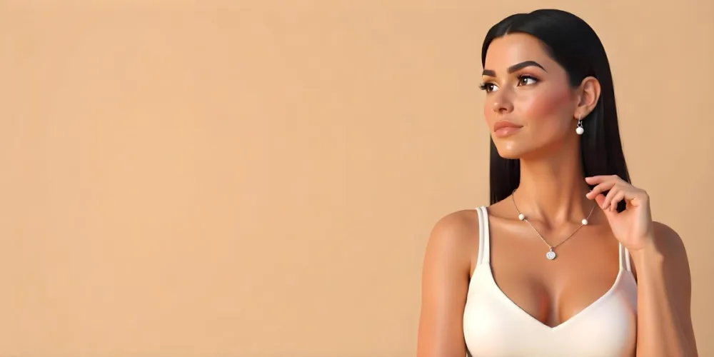 A 23 Year Old Hispanic Woman With Dark Skin Dark Hair Wearing A White Top And Jewelry Looking To The Right In A Beige Background 3 7a16
