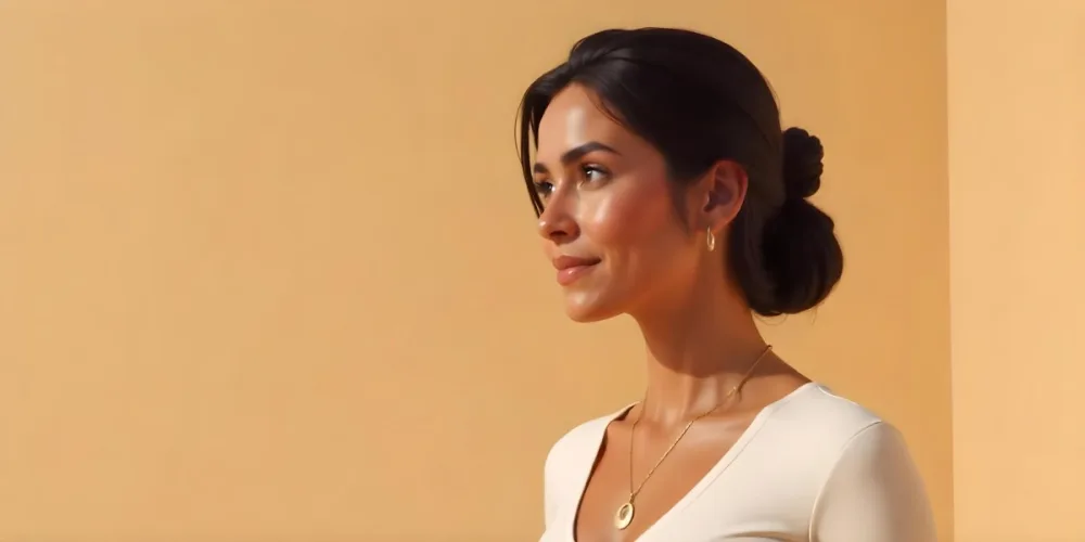 A 23 Year Old Hispanic Woman With Dark Skin Dark Hair Wearing A White Top And Jewelry Looking To The Right In A Beige Background 6 Cf2e