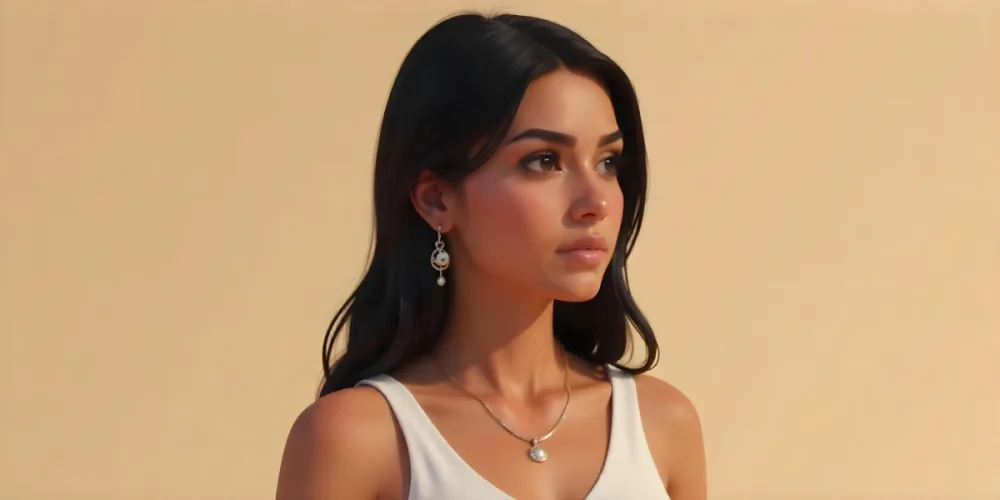 A 23 Year Old Hispanic Woman With Dark Skin Dark Hair Wearing A White Top And Jewelry Looking To The Right In A Beige Background 7 F0ac