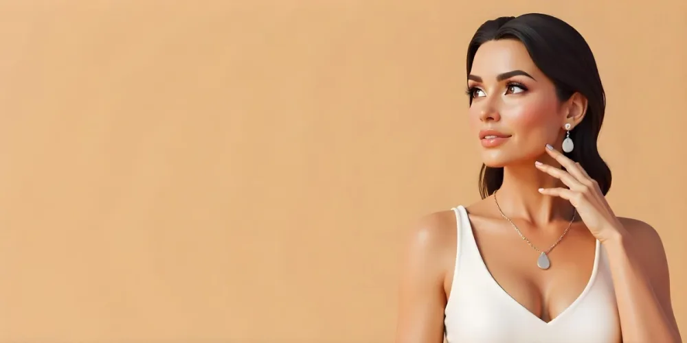 A 23 Year Old Hispanic Woman With Dark Skin Dark Hair Wearing A White Top And Jewelry Looking To The Right In A Beige Background 8 6a2a