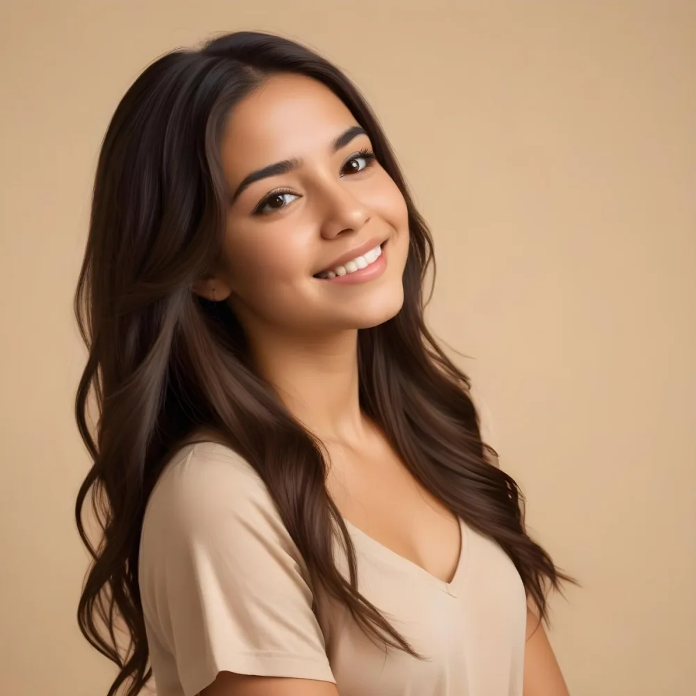 A 23 Year Old Hispanic Woman With Long Brown Hair In A Beige Background 1 036b