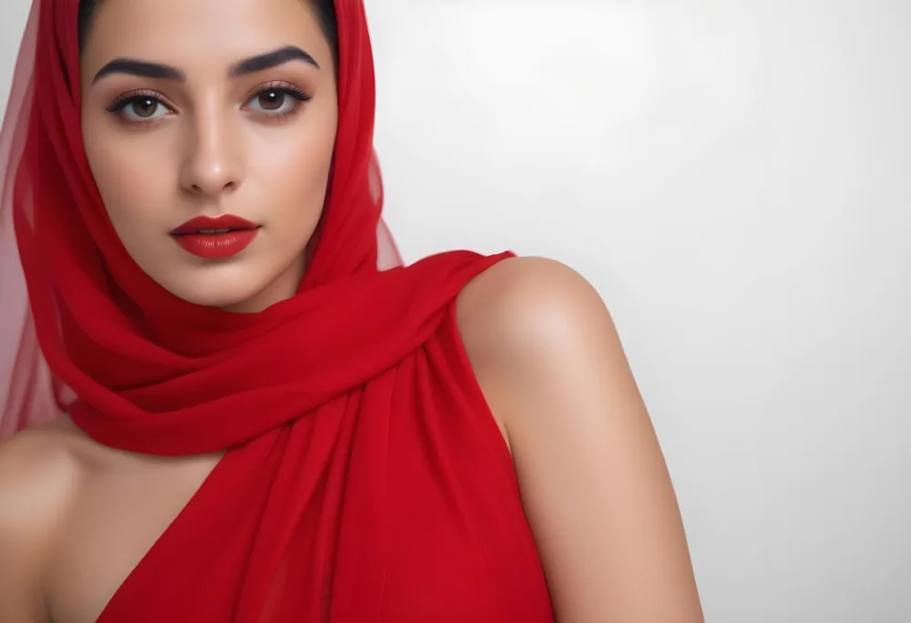 A 23 Year Old Middle Eastern Woman With Red Lipstick And A White Veil In A White Background 14 5837