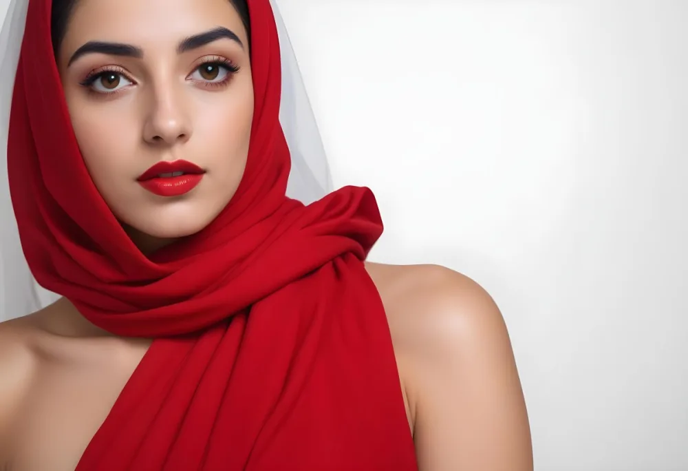 A 23 Year Old Middle Eastern Woman With Red Lipstick And A White Veil In A White Background 17 6f75